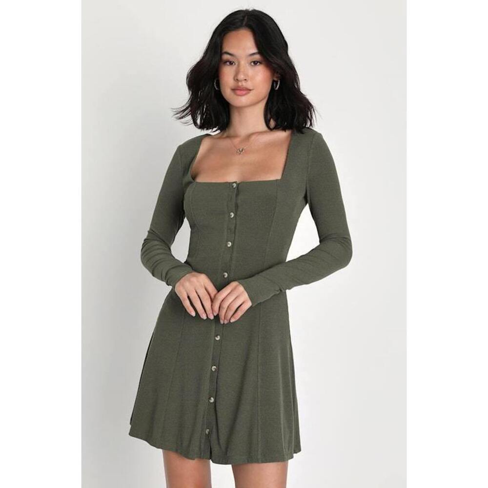 Lulus Simply Favored Olive Green Ribbed Long Sleeve Mini Dress - Size M